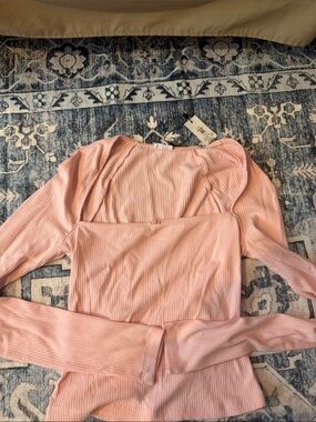 Garage Ribbed Square-Neck Long Sleeve Top - Dusty Pink